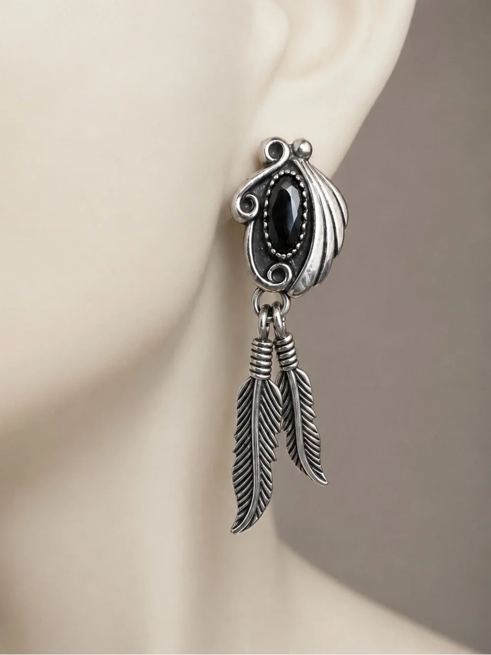 Native American Signed CH Sterling Silver Hematite Earrings Feather Design 925